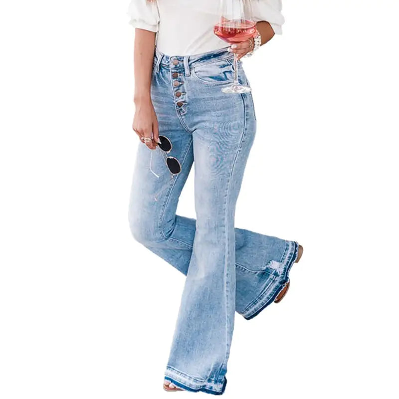 High Waist Solid Color Denim Bell-Bottom Pants