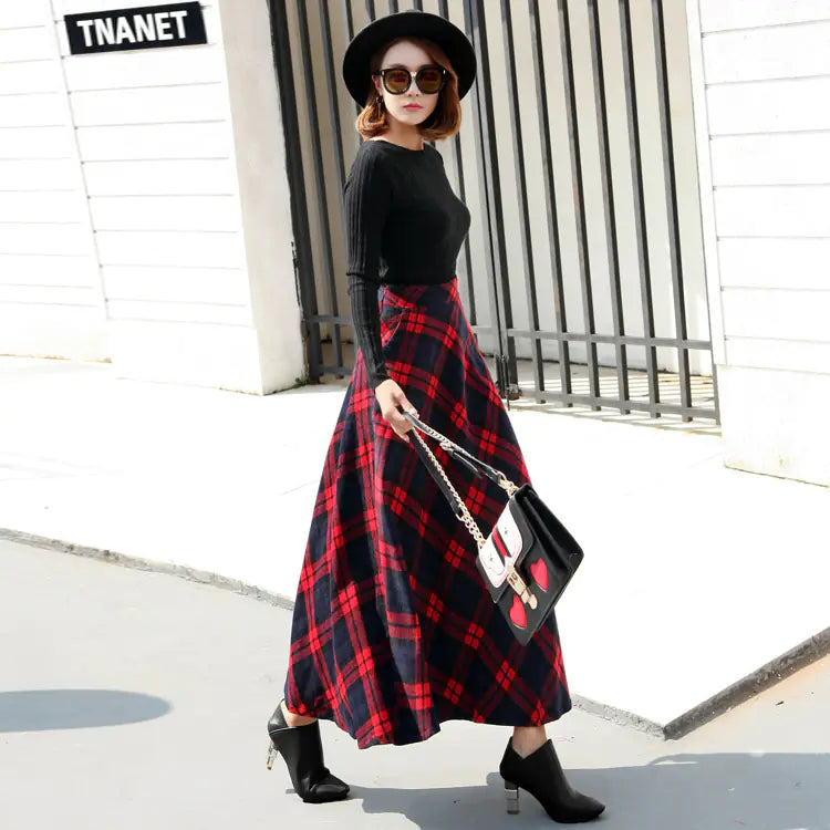 Saia Midi de Lã Xadrez de Cintura Alta Vintage (Outono/Inverno)