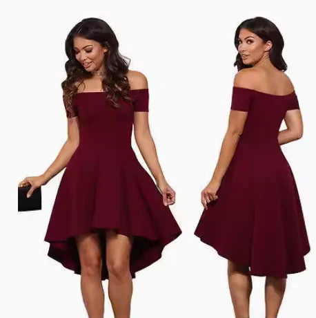 Elegant Off-the-Shoulder Mini Dress with High-Low Hem