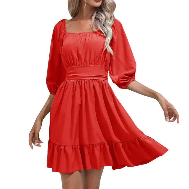 Vestido Plissado com Cintura Alta e Decote Quadrado Com Babados de Verão