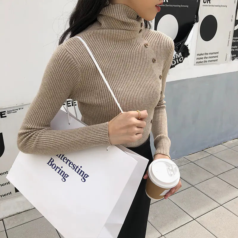 Fashionable Turtleneck Knit Sweater with Buttons