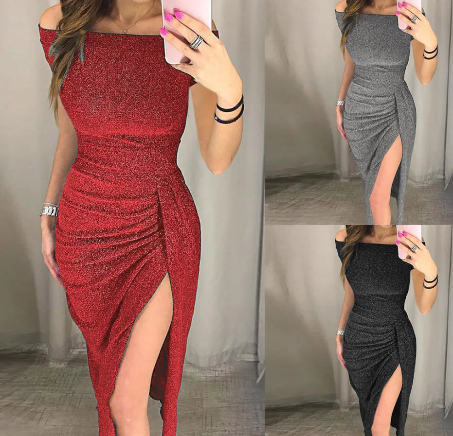 Shiny Off-Shoulder Short Sleeve Bodycon Dress