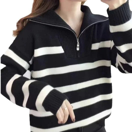 Women's Striped Sweater in Contrasting Colors with Zipper