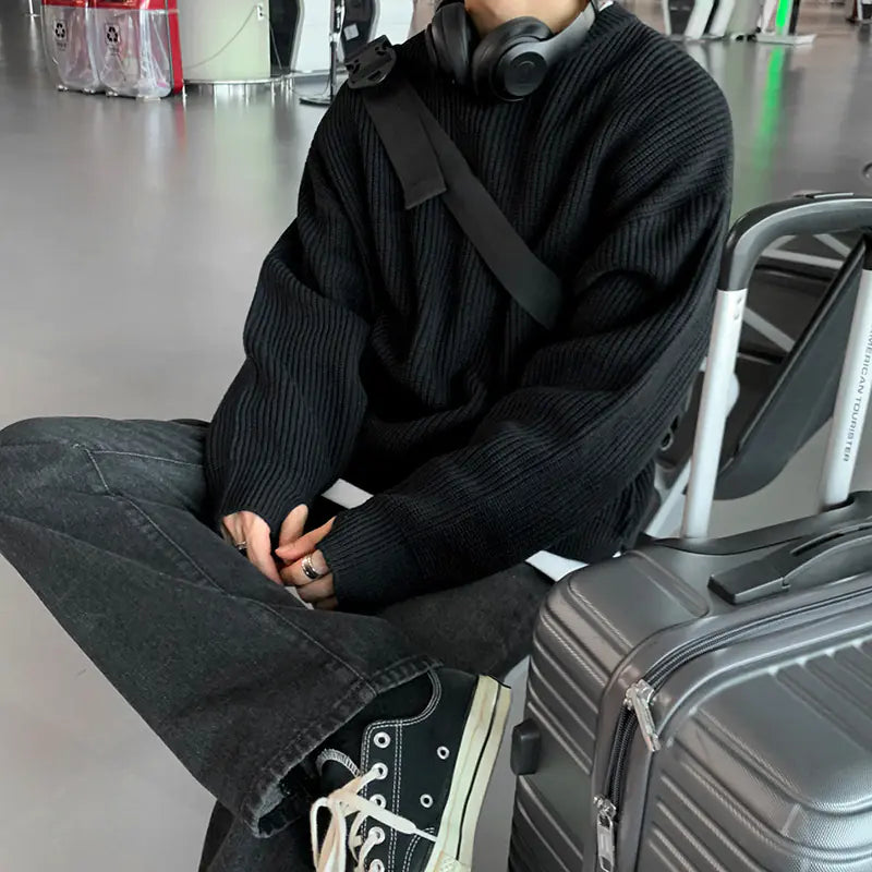 Suéter de Gola Redonda de Estilo Casual em Cor Sólida