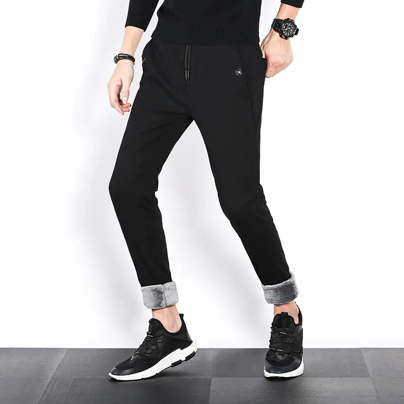 Men's Winter Thickened Fleece Casual Trousers with Elastic Band