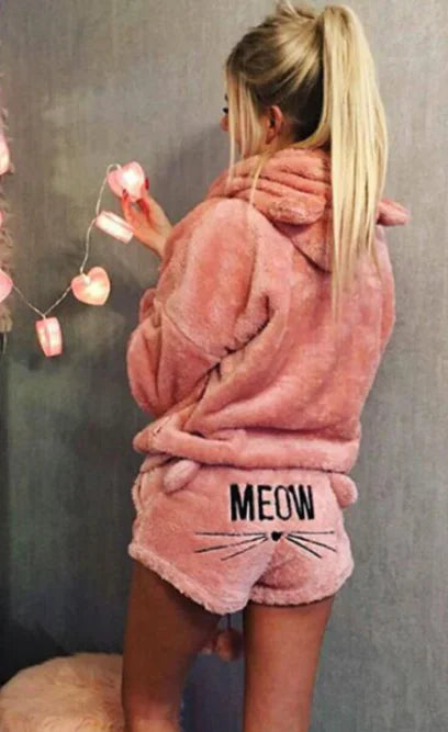 Conjunto de Pijama de Gato com Bordado e Estilo Moletom