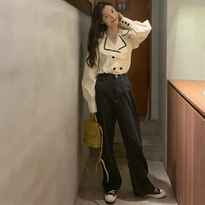 Korean Casual Fashion Shirt with Ruffle Sailor Collar