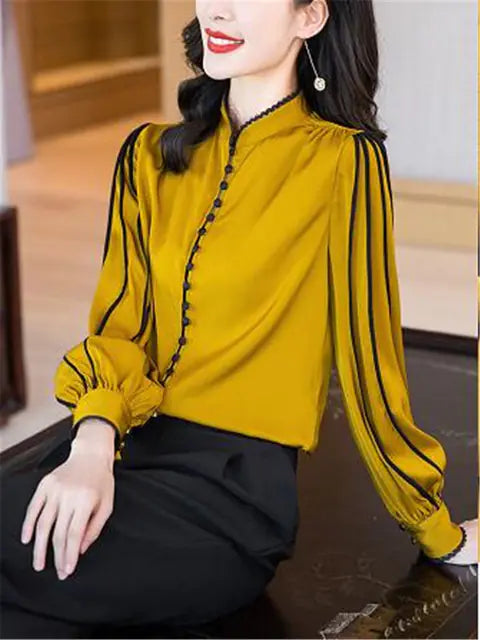 Vintage Long-Sleeved Satin Blouse with Buttons for Women