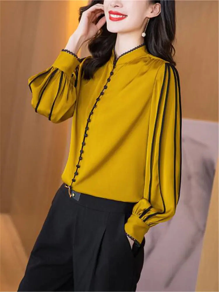 Vintage Long-Sleeved Satin Blouse with Buttons for Women