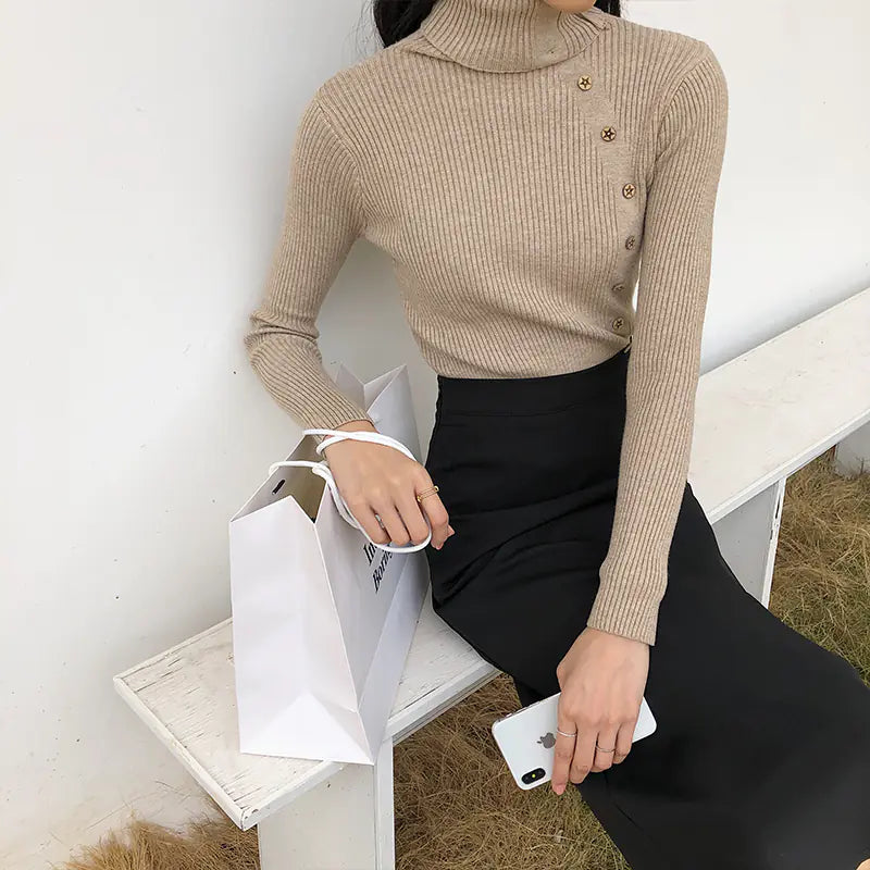 Fashionable Turtleneck Knit Sweater with Buttons