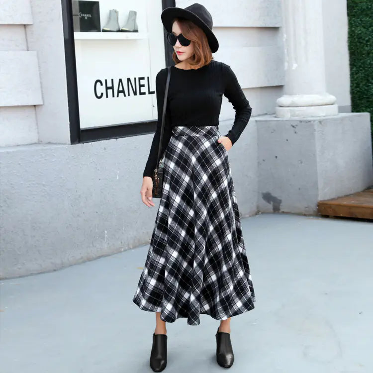 Vintage High-Waisted Plaid Wool Midi Skirt (Autumn/Winter)