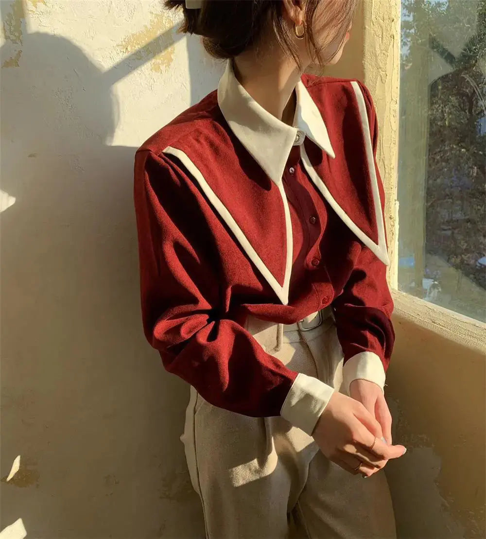 Camisa de Botão Feminina Coreana com Gola Plissada