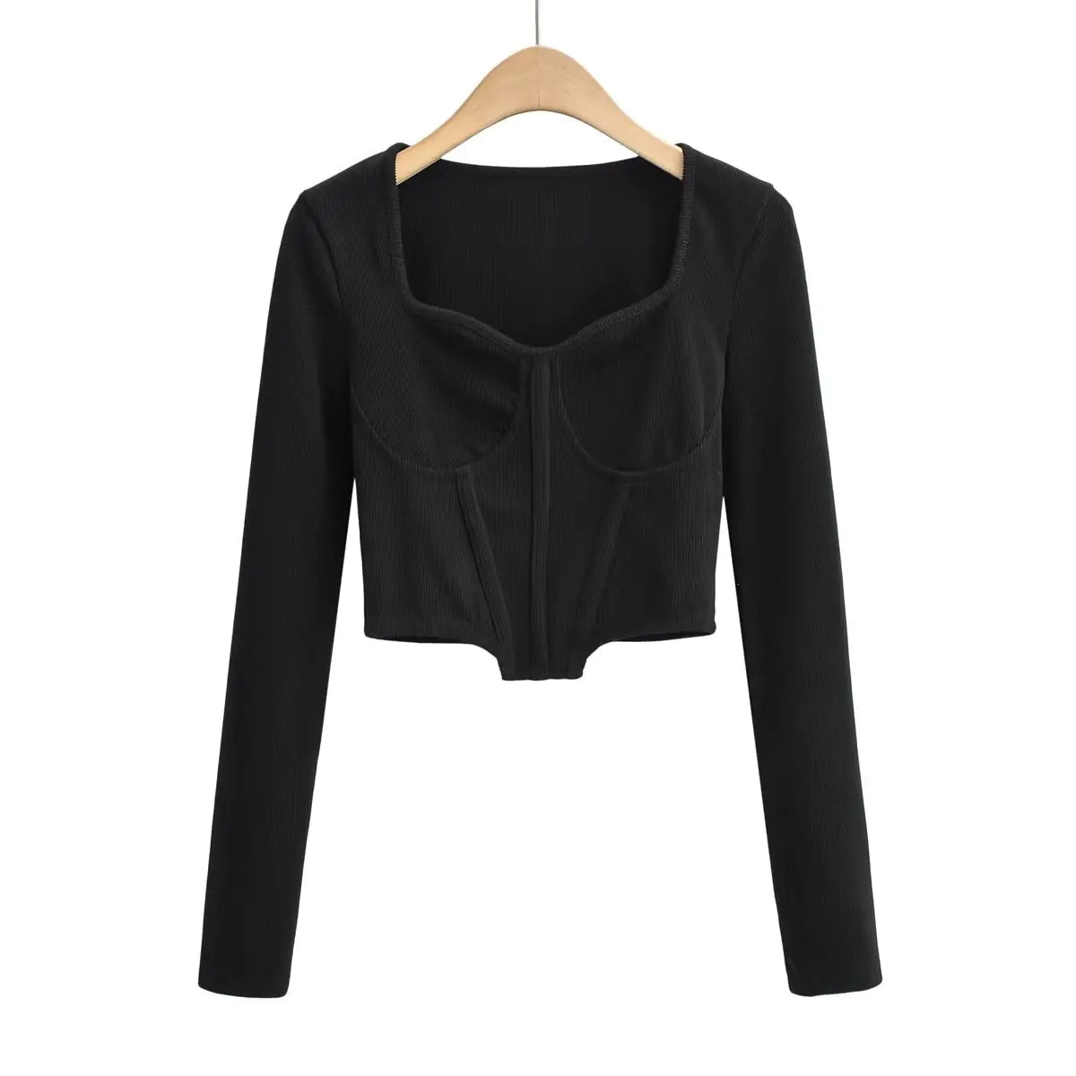 Top Curto de Pescoço Baixo Fish Bone Slim Fit de Outono