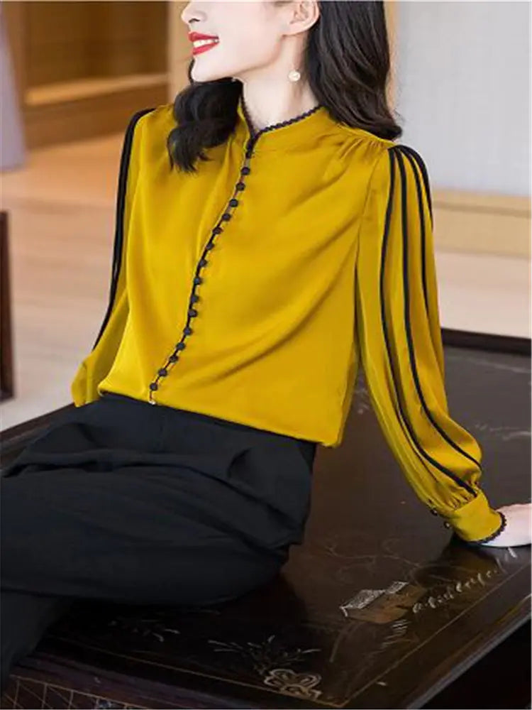 Vintage Long-Sleeved Satin Blouse with Buttons for Women