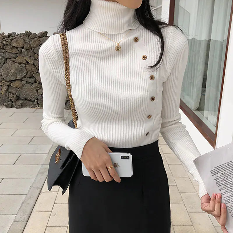Fashionable Turtleneck Knit Sweater with Buttons