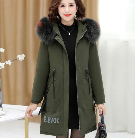 Casaco de Algodão Longo com Capuz para Mulheres para Aquecimento Casual