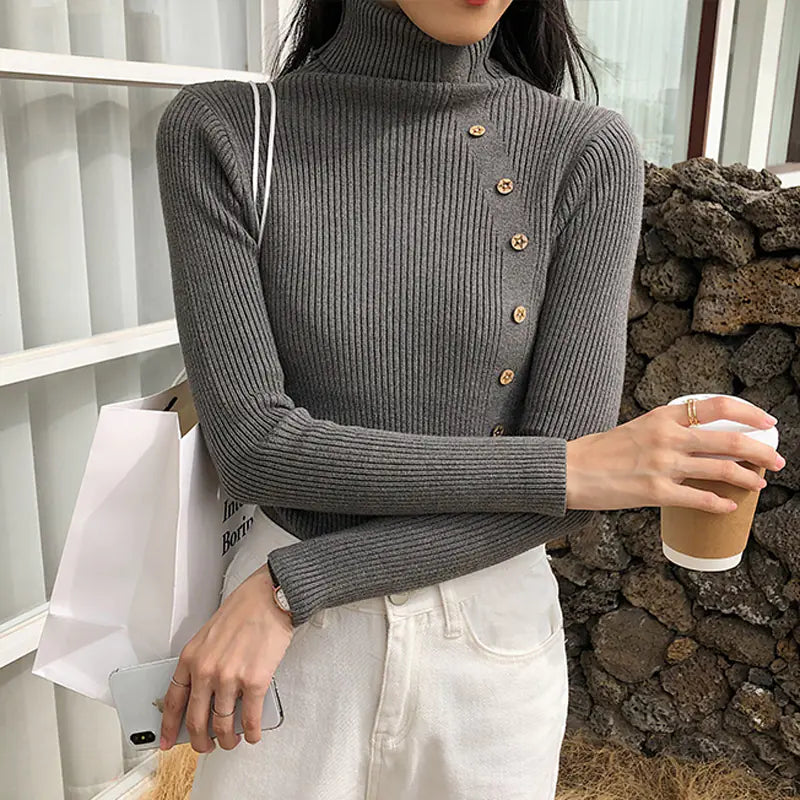 Fashionable Turtleneck Knit Sweater with Buttons