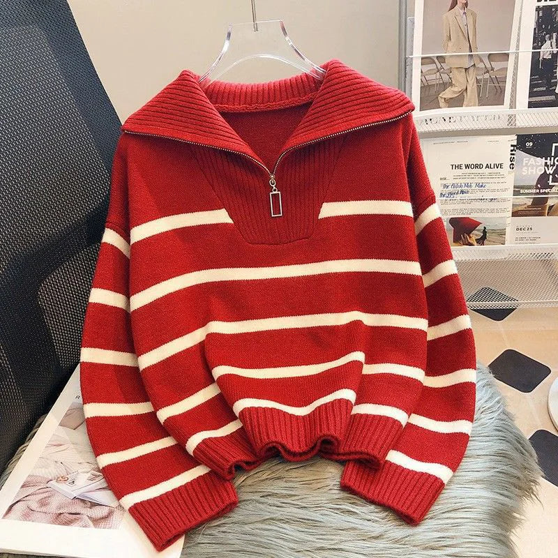 Women's Striped Sweater in Contrasting Colors with Zipper