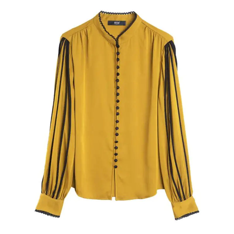 Vintage Long-Sleeved Satin Blouse with Buttons for Women