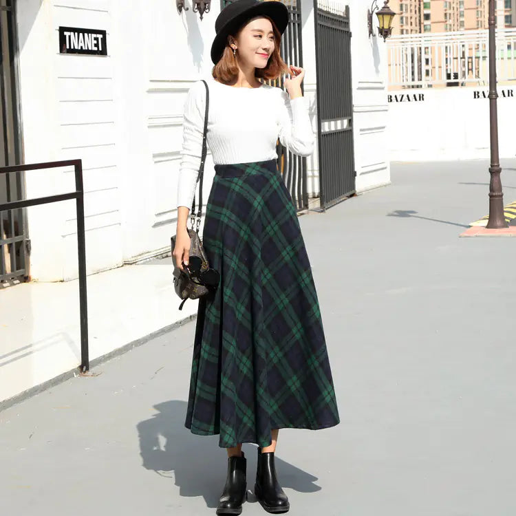 Vintage High-Waisted Plaid Wool Midi Skirt (Autumn/Winter)