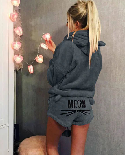 Conjunto de Pijama de Gato com Bordado e Estilo Moletom
