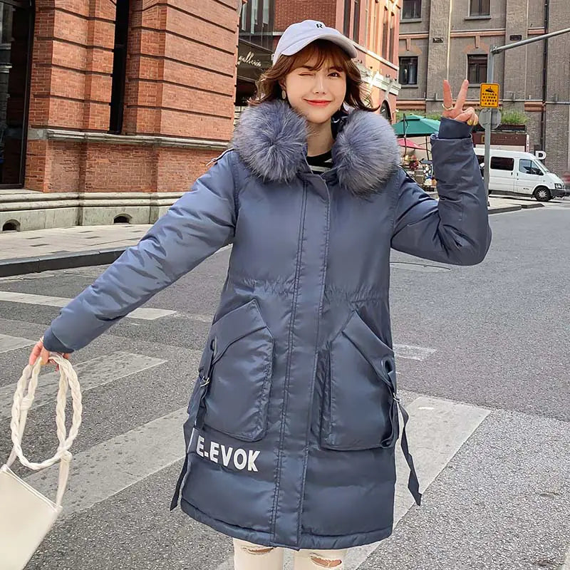 Casaco de Algodão Longo com Capuz para Mulheres para Aquecimento Casual