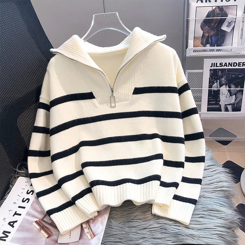 Women's Striped Sweater in Contrasting Colors with Zipper