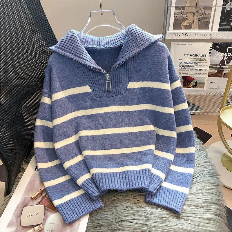 Women's Striped Sweater in Contrasting Colors with Zipper