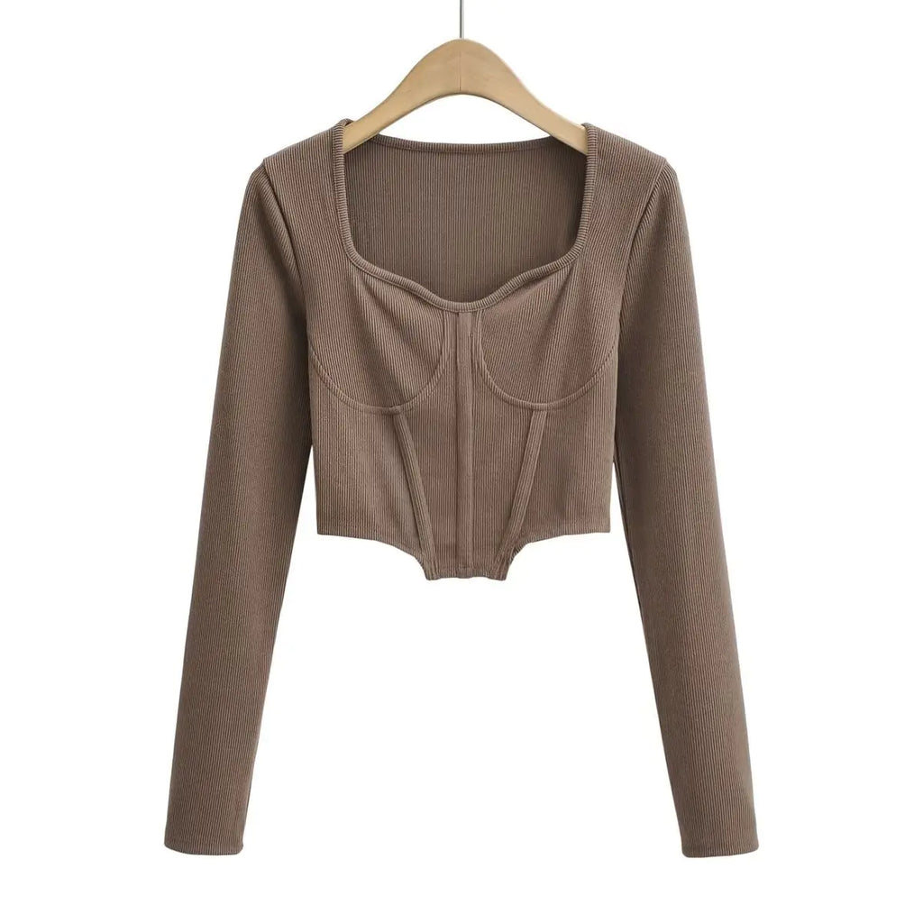 Top Curto de Pescoço Baixo Fish Bone Slim Fit de Outono