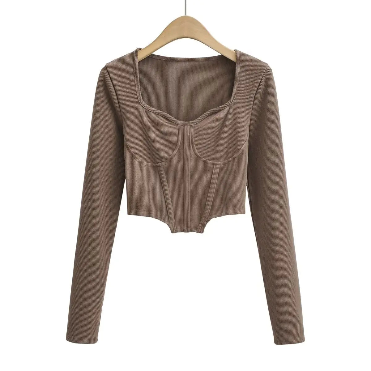 Top Curto de Pescoço Baixo Fish Bone Slim Fit de Outono