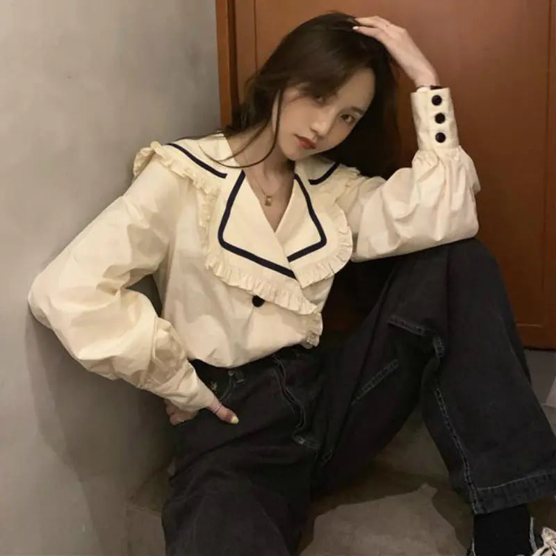 Korean Casual Fashion Shirt with Ruffle Sailor Collar
