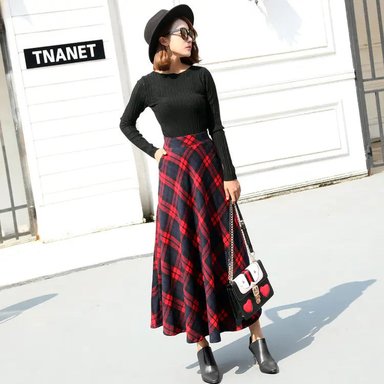 Vintage High-Waisted Plaid Wool Midi Skirt (Autumn/Winter)