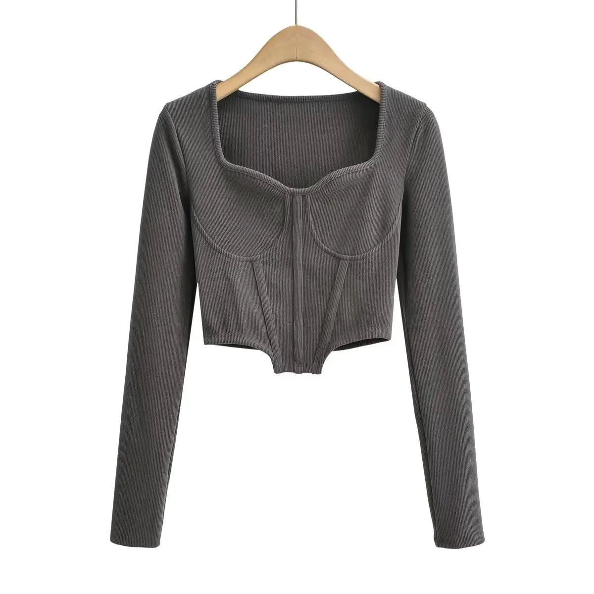 Top Curto de Pescoço Baixo Fish Bone Slim Fit de Outono