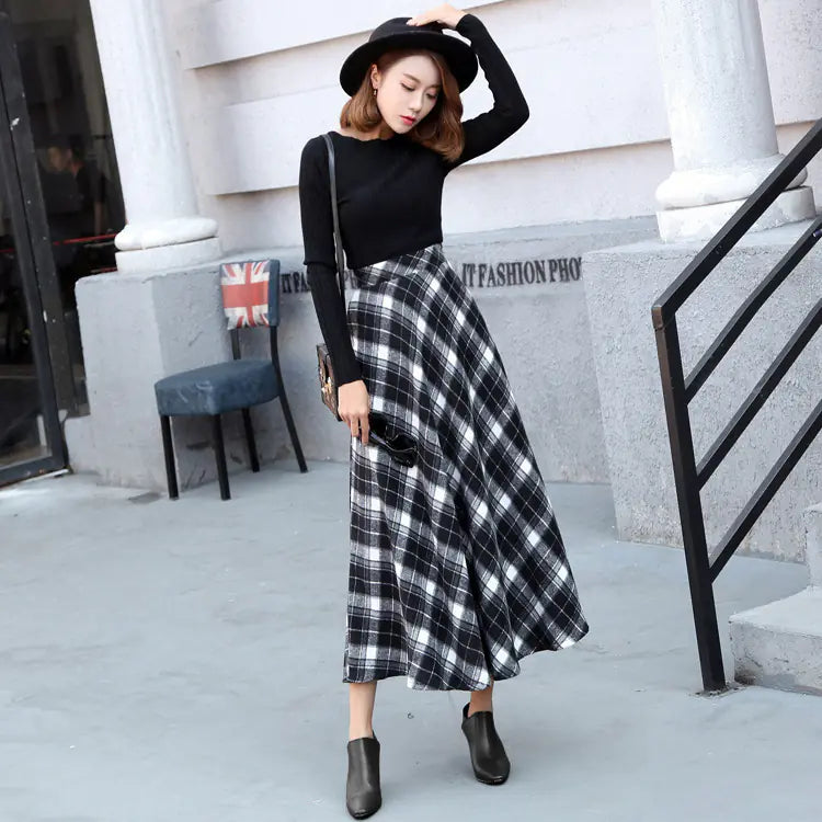 Vintage High-Waisted Plaid Wool Midi Skirt (Autumn/Winter)