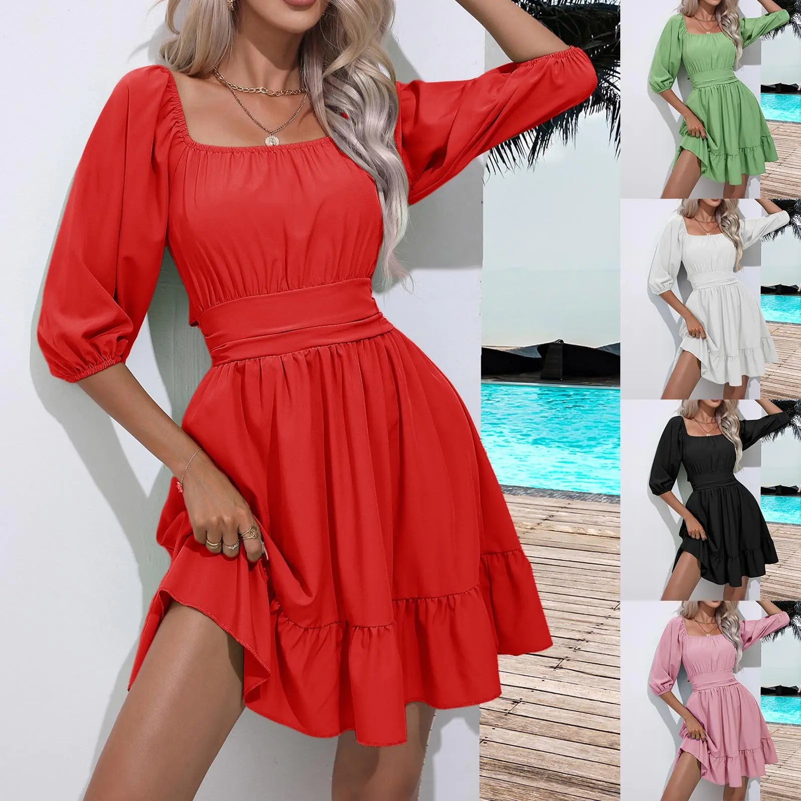 Vestido Plissado com Cintura Alta e Decote Quadrado Com Babados de Verão