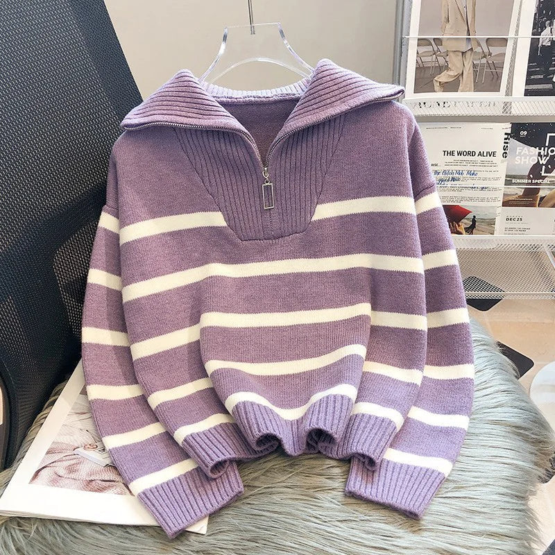 Women's Striped Sweater in Contrasting Colors with Zipper