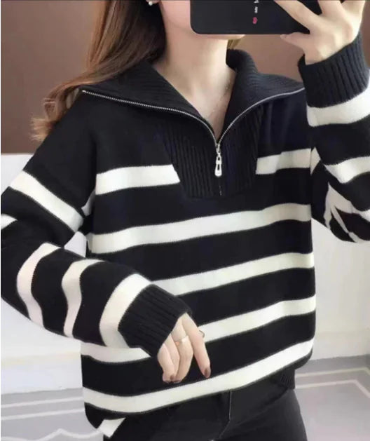 Women's Striped Sweater in Contrasting Colors with Zipper