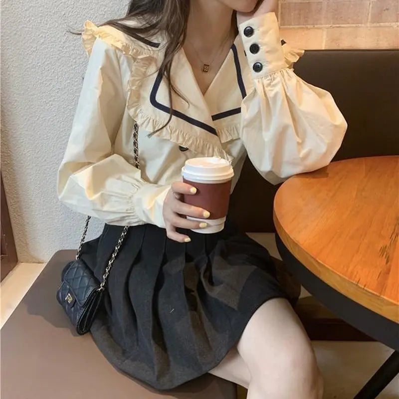 Korean Casual Fashion Shirt with Ruffle Sailor Collar