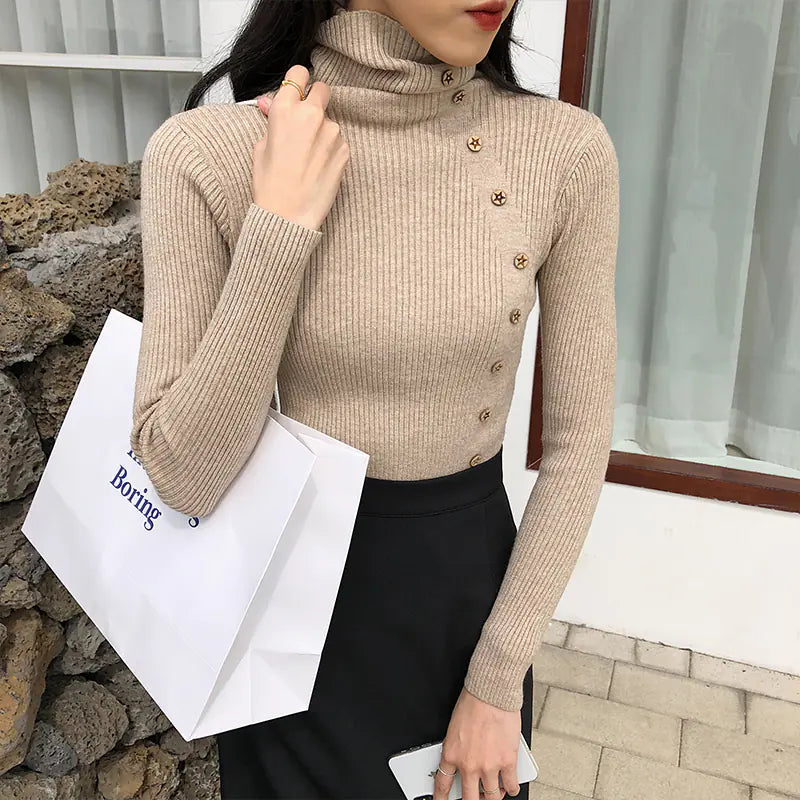 Fashionable Turtleneck Knit Sweater with Buttons